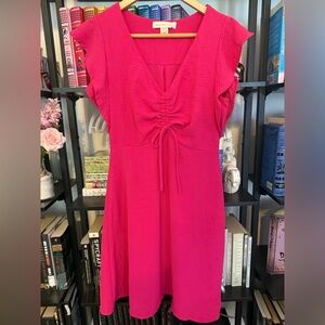 Monteau Fuchsia Bright Pink Tie Front Ruched Dress